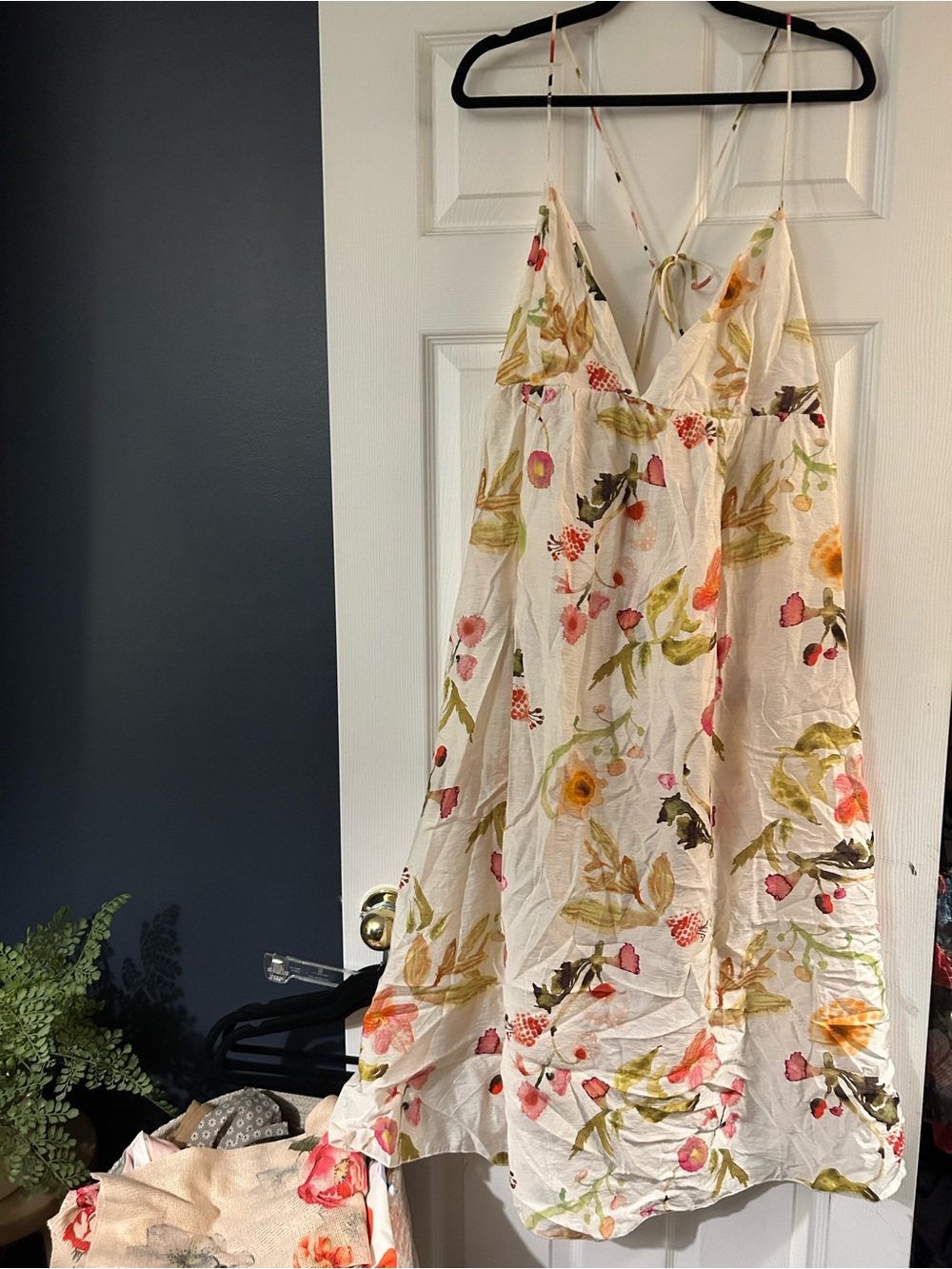 H&M White Floral Backless Sundress with Pink & Green Accents